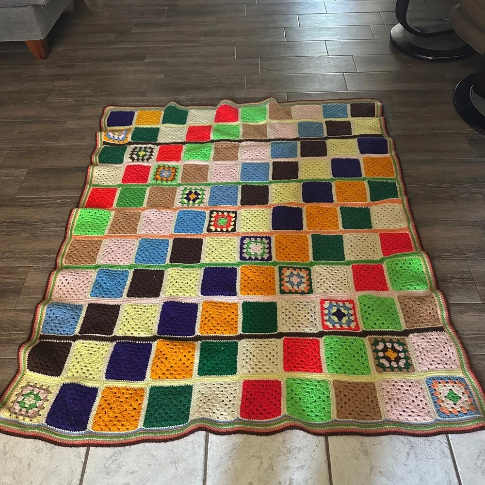 VTG Handmade Granny Square Crochet Blanket Multi Color Patchwork Afghan 52x62